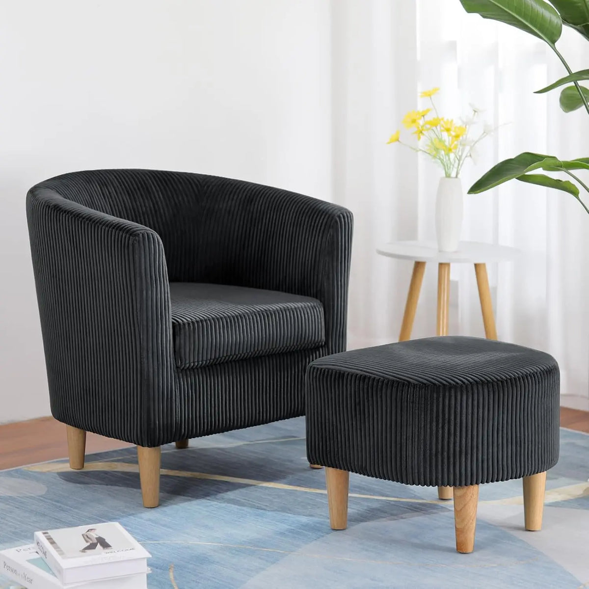 Leather Chair, Accent Chair Mid Century Modern with Ottoman Faux Barrel Comfy Armchair Upholstered Club Tub Round Arms for Livin