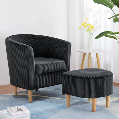 Leather Chair, Accent Chair Mid Century Modern with Ottoman Faux Barrel Comfy Armchair Upholstered Club Tub Round Arms for Livin