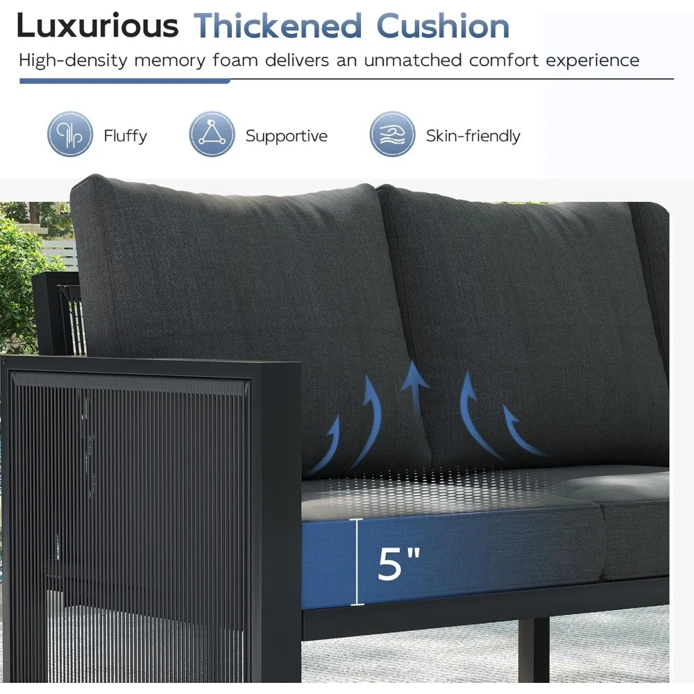 Patio Furniture Set with Ottoman, 6 Piece Modern Aluminum Outdoor Furniture Set, Patio Conversation Sets with Thickend Cushions