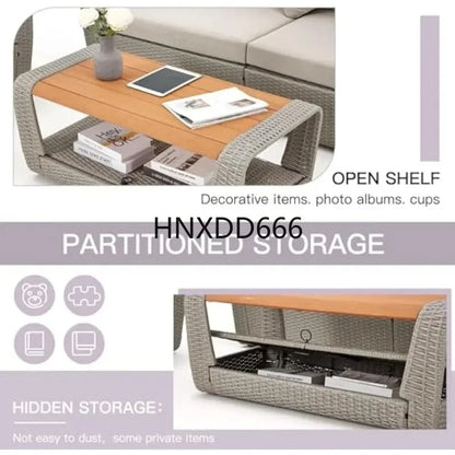 Patio Furniture Set, Outdoor Sectional Conversation Rattan Sofa with Ottoman and Storage Table Garden Sofas