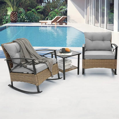 outdoor rocking chairs set - 3 pieces grey patio bistro set outside furniture 2 wicker rocker chairs with grey cushions and tabl