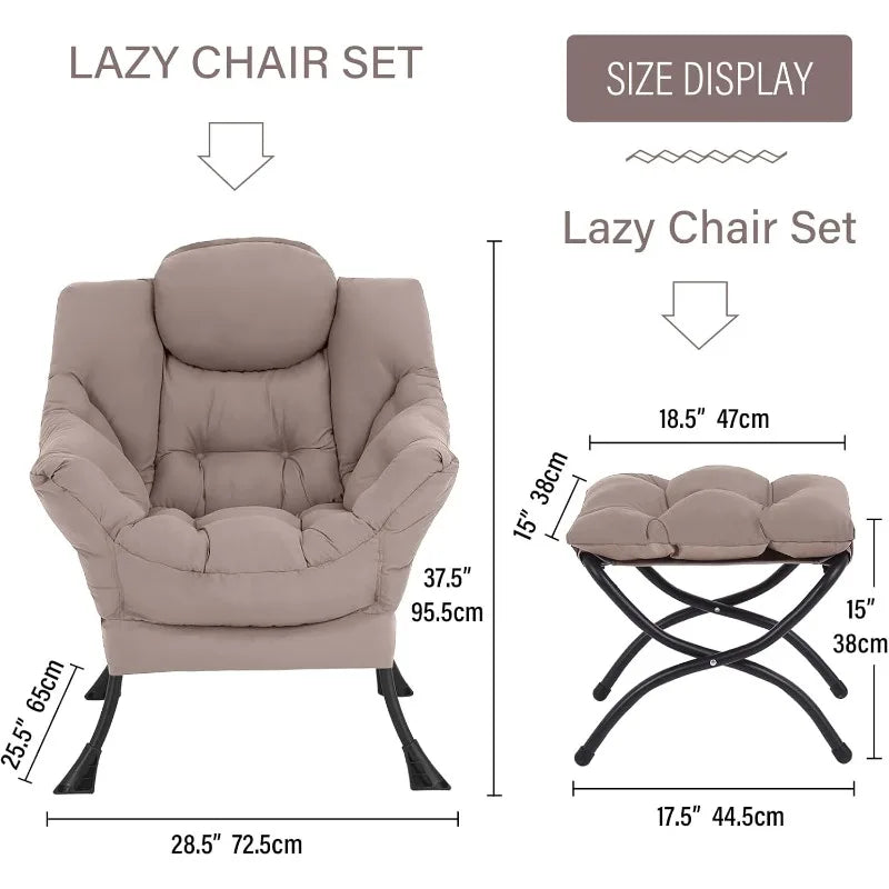Reading Lounge Chair Set, Lazy Chair with Ottoman & Pocket, Khaki Upholstered