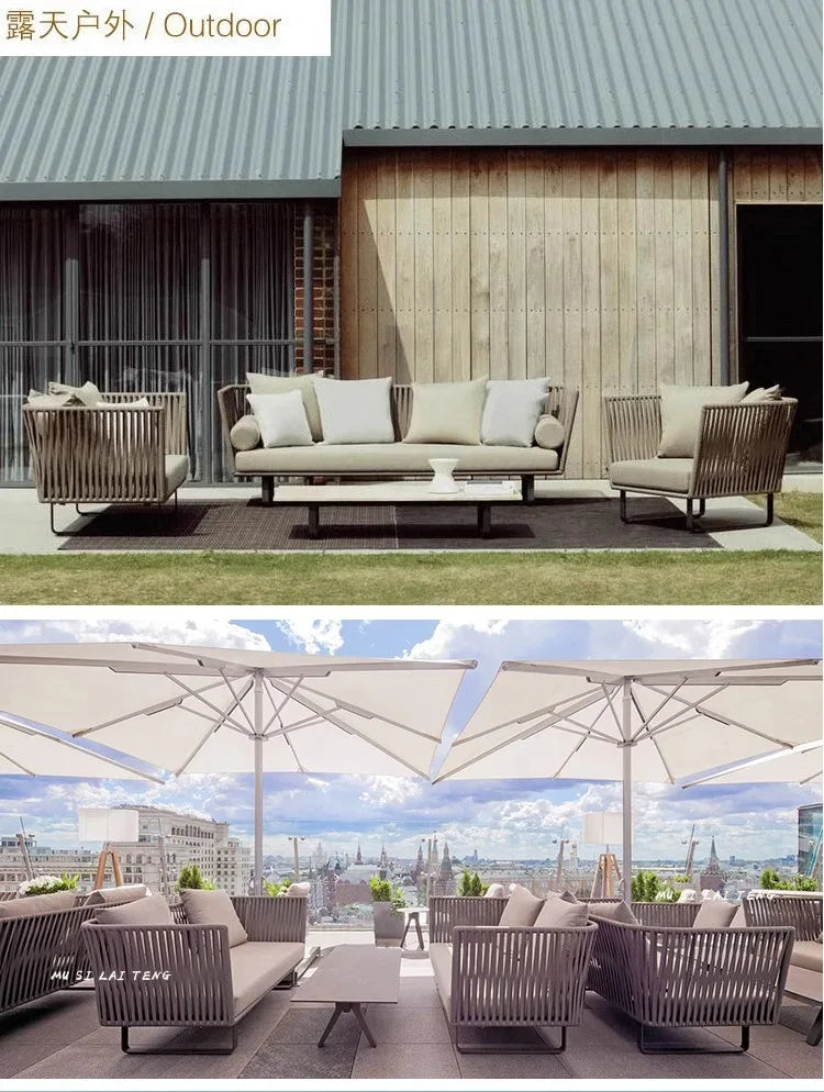 Outdoor Sofa Sunscreen Waterproof Courtyard Terrace Balcony Leisure Rattan Chair Sofa Double Card Seat Rattan Sofa Furniture