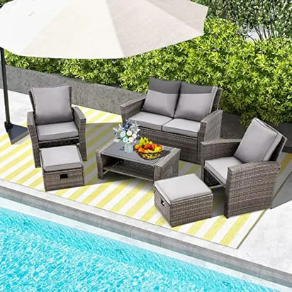 #For 6 Piece Patio Furniture Set, Outdoor Sectional Conversation Rattan Sofa Set w/Ottoman&Storage Table for Garden, Porch, Back