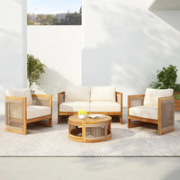 4-Piece Patio Conversation Set, All Weather Sectional Sofa Set w/ 2 Chairs, Loveseat & Table Premium, Acacia Wood Outdoor Furnit