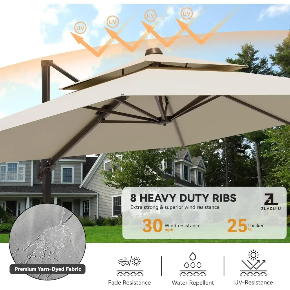 Large 9' X 12' Cantilever Patio Umbrella with 360° Rotation Heavy Duty Windproof Double Top Outdoor Rectangular Offset Umbrella