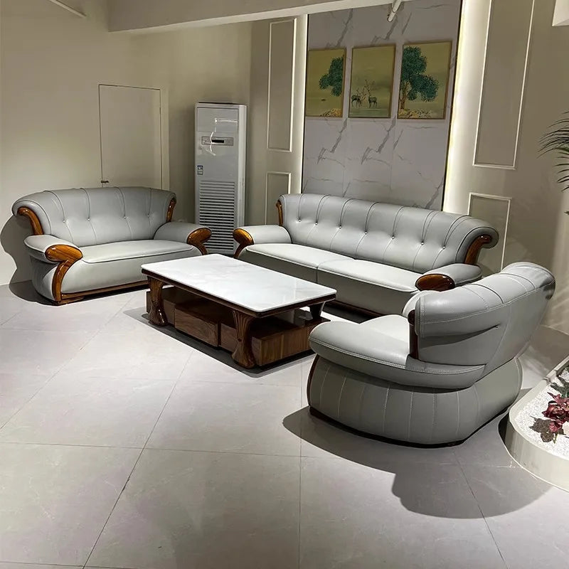 Ebony leather sofa modern light luxury high-end living room villa first layer cowhide solid wood new Chinese-style small