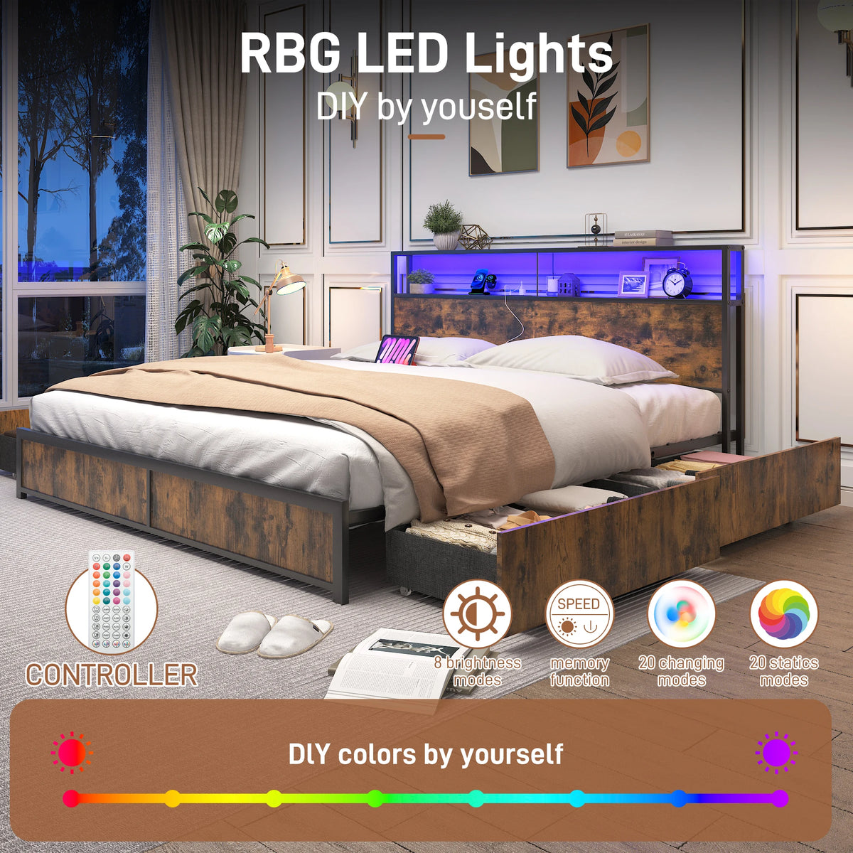 LED Bed Frame Full/QueenKing Size with 2 USB Ports and Outlets, Platform Metal Bed Frame with 4 Storage Drawers and Headboard