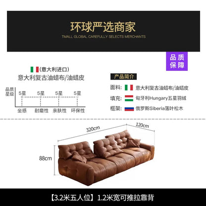 Retro oil wax leather sofa, small apartment living room straight row sofa, large sitting depth movable backrest medium ancient