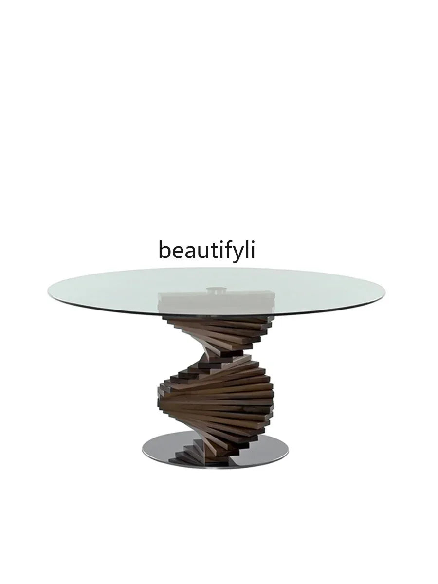 cc182l Italian minimalist curved design tempered glass round table solid wood special-shaped creative rotating ladder dining tab