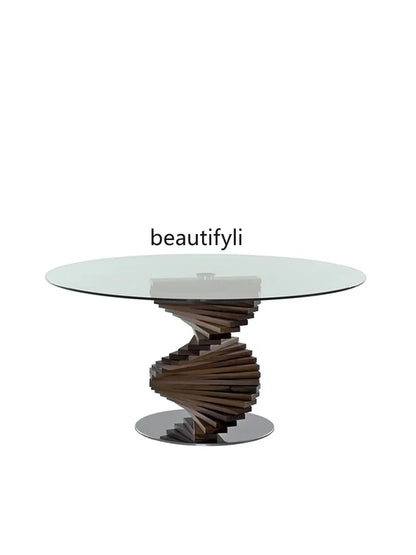 cc182l Italian minimalist curved design tempered glass round table solid wood special-shaped creative rotating ladder dining tab