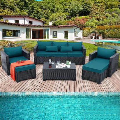 Customizable Patio Furniture Set 6 Pieces Couch Outdoor Chairs Coffee Table Peacock Blue Anti-Slip Cushions and Waterproof Cover