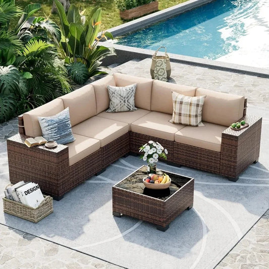 6-Piece Outdoor Wicker Sectional Sofa Set with 8-Inch Armrests, Waterproof Cover, and Coffee Table for Garden and Patio