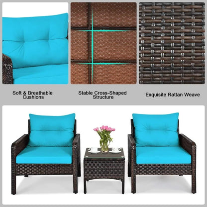 3PCS Patio Furniture Set Outdoor Wicker Cushioned Sofa Set with Coffee Table All Weather Rattan Conversation Set for Ga