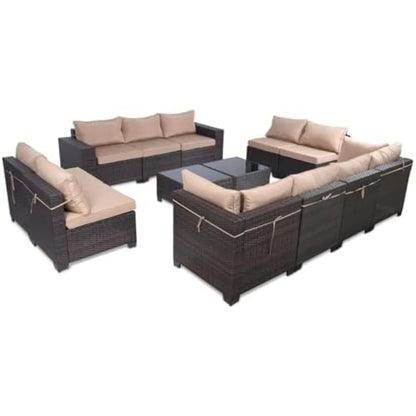 4 Pieces Patio Rattan Furniture Set, Outdoor Wicker Sofa Set with Tempered Glass Coffee Table, Cushions, All Weather Rattan Con