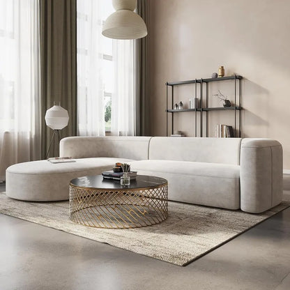 Modern Velvet L-Shaped Sofa, Luxury Curved Back with Left Chaise (Cream)