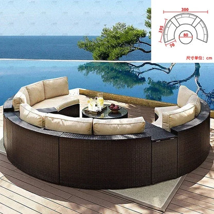 Sofa, courtyard, garden, leisure, outdoor living room, semi circular curved rattan chair, terrace, outdoor furniture combination