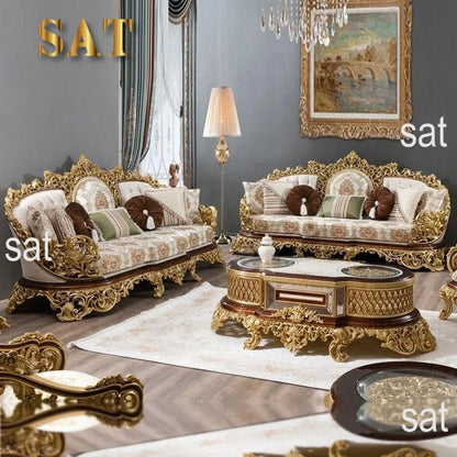 For Turkish Style Royal Antique Carved Solid Wood Sofa Set European Luxury Classic Home Living Room Furniture Sectional Sofa