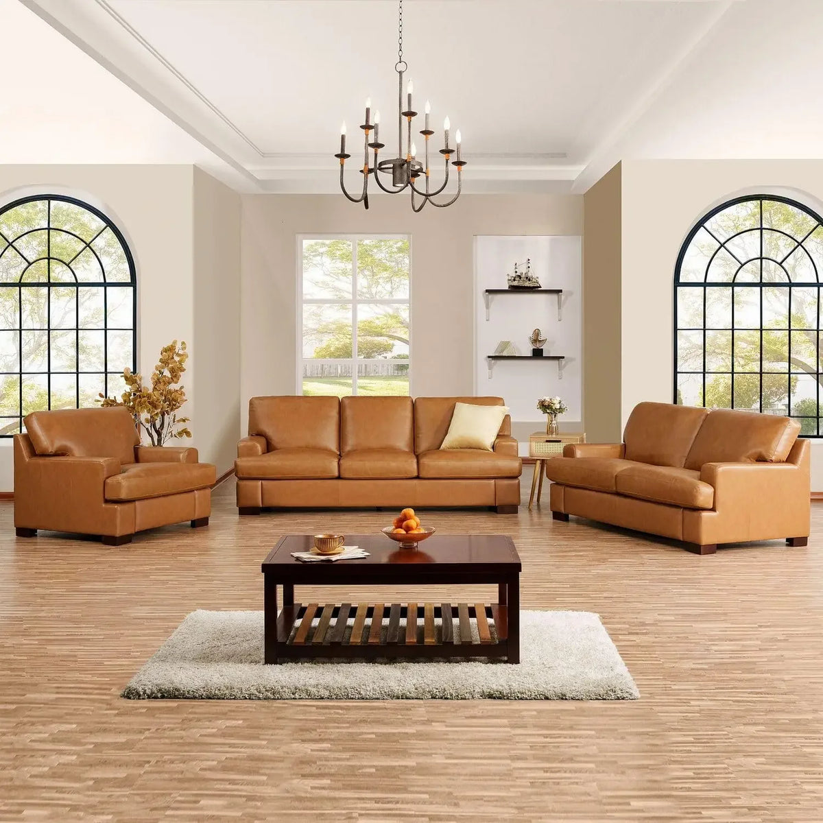 Hot salesSiggy Genuine Leather Sofa - Set of 3 Luxurious Comfort, Goose Feather Cushion Filling, Square Arm Design, Sturdy Block