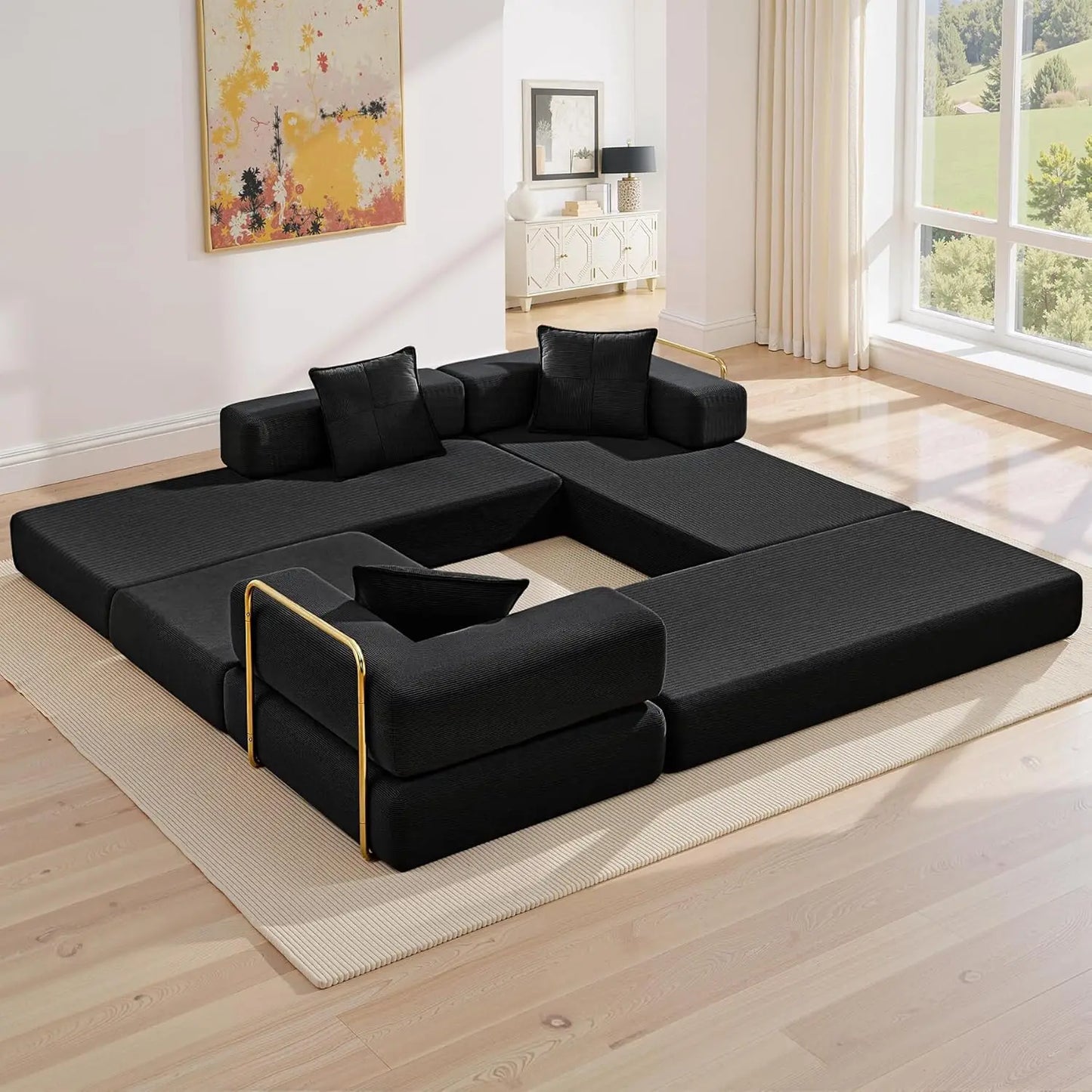 108" Oversize Convertible Sleeper Sectional Sofa Bed Corduroy L Shape Folding Frame Modular Living Room Black, Customized