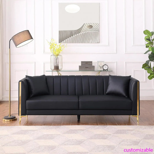 78'' Sofa, Black Couches for Living Room, Comfy Sofas Faux Leather Sofa 3 Seater Couches with 2 Throw Pillows and Gold Metal