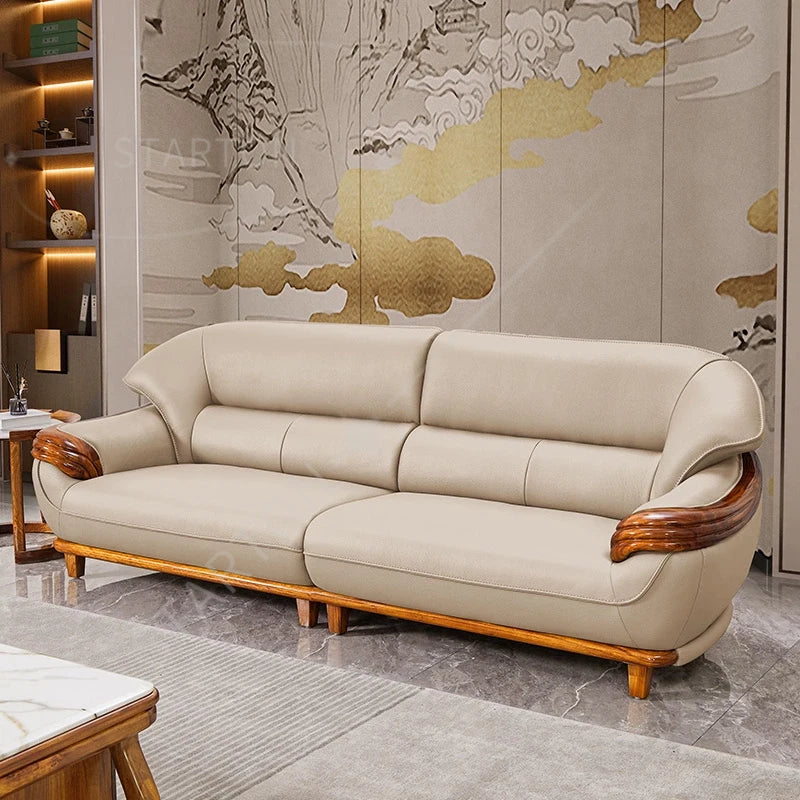 Modern new Chinese ebony sofa top layer cowhide high-end living room leather sofa