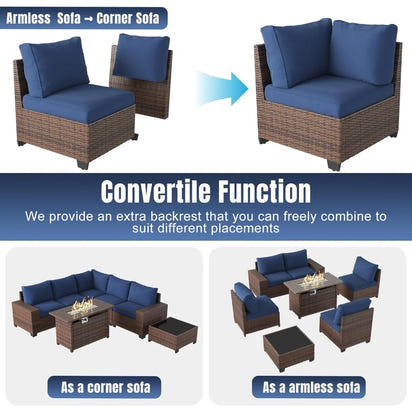 7-Piece Outdoor Patio Furniture Set with 44 Fire Pit Table and Wicker Rattan Sectional Conversation Area