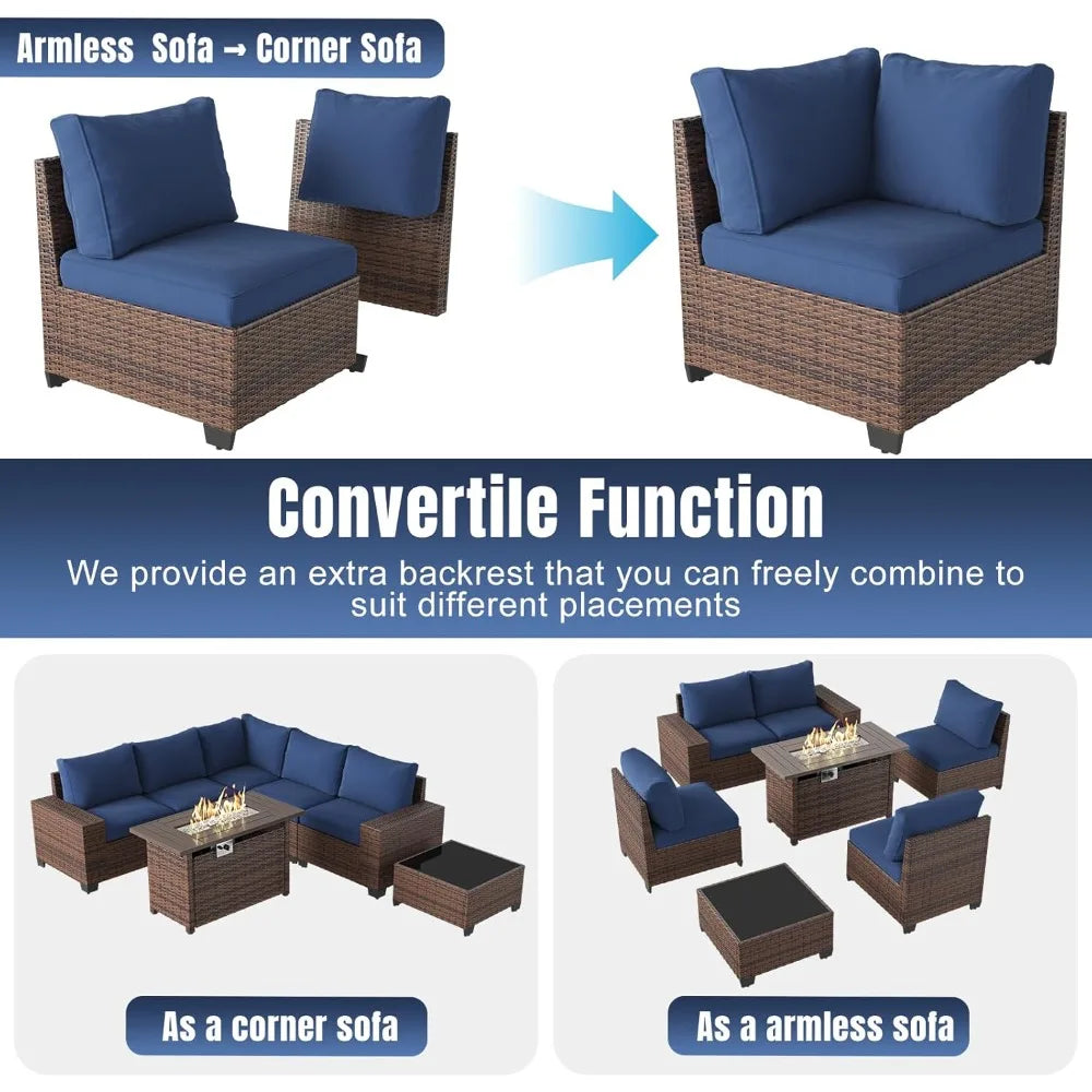 7-Piece Outdoor Patio Furniture Set with 44 Fire Pit Table and Wicker Rattan Sectional Conversation Area