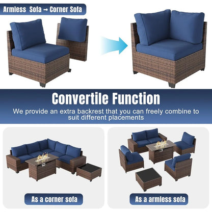 7-Piece Outdoor Patio Furniture Set with 44 Fire Pit Table and Wicker Rattan Sectional Conversation Area