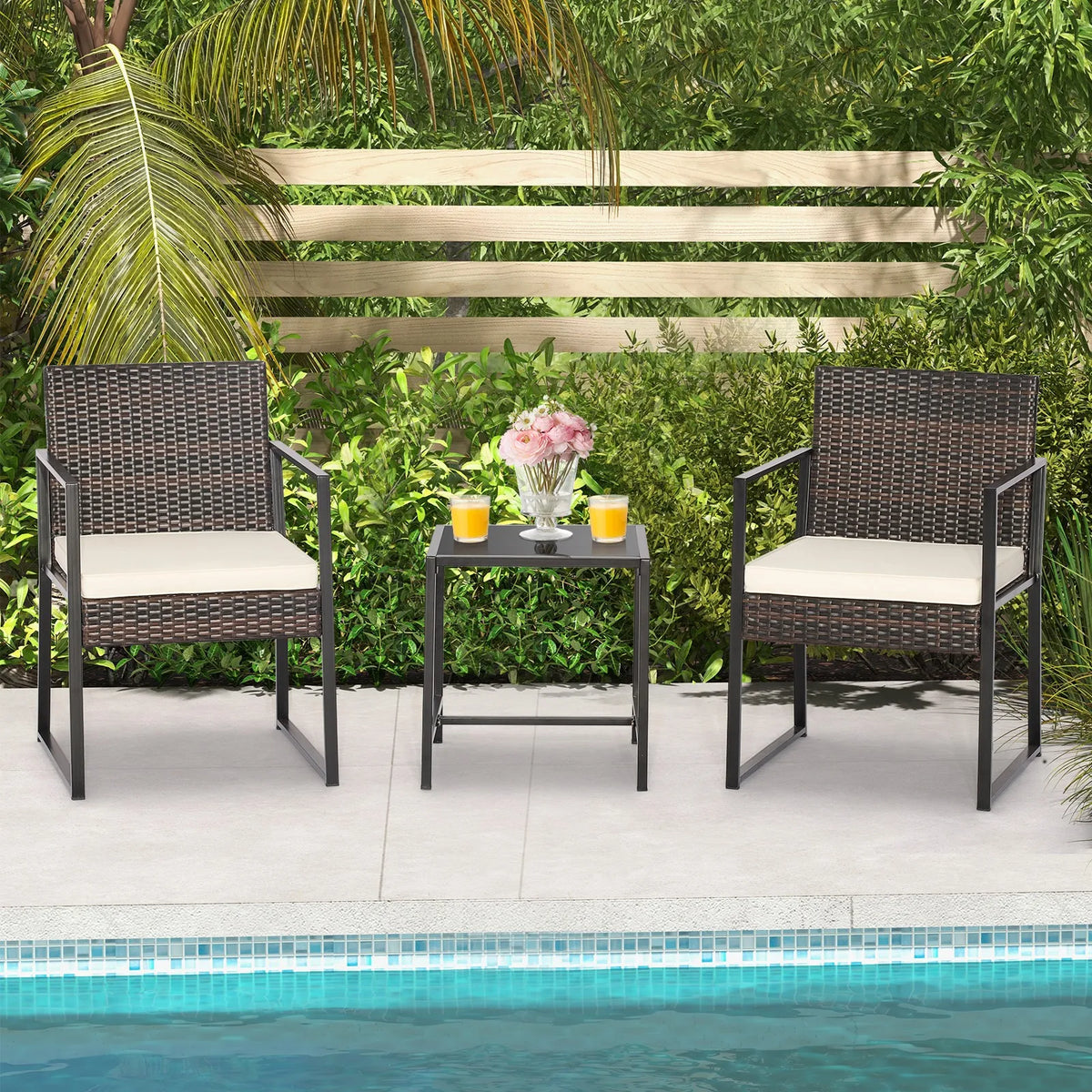 Garden Furniture Sets3 Piece Patio Furniture Set Woven PE Wicker Chairs with Tempered Glass Table Modern Outdoor Lounge