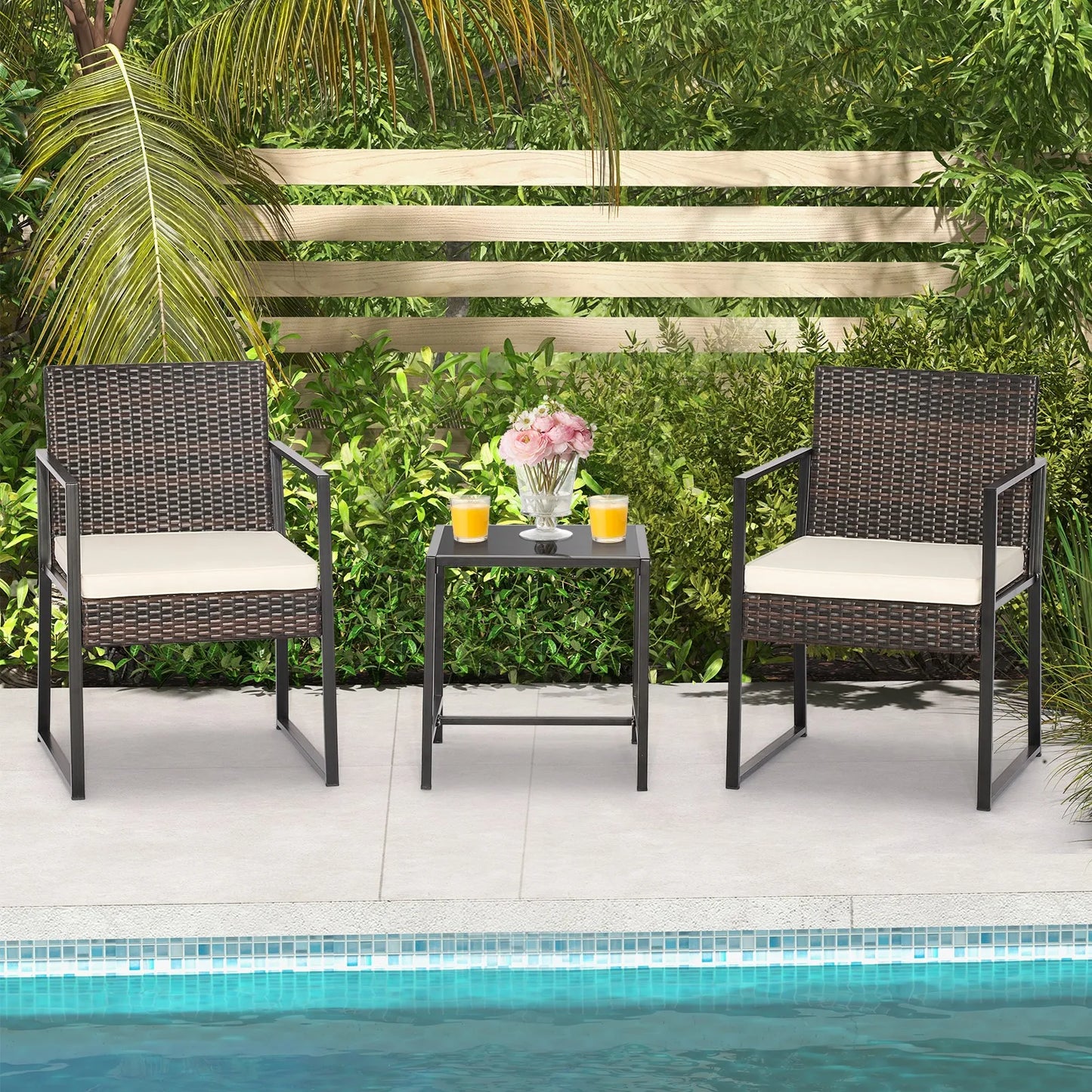 Garden Furniture Sets3 Piece Patio Furniture Set Woven PE Wicker Chairs with Tempered Glass Table Modern Outdoor Lounge