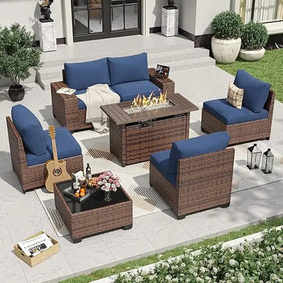 7-Piece Outdoor Patio Furniture Set with 44 Fire Pit Table and Wicker Rattan Sectional Conversation Area