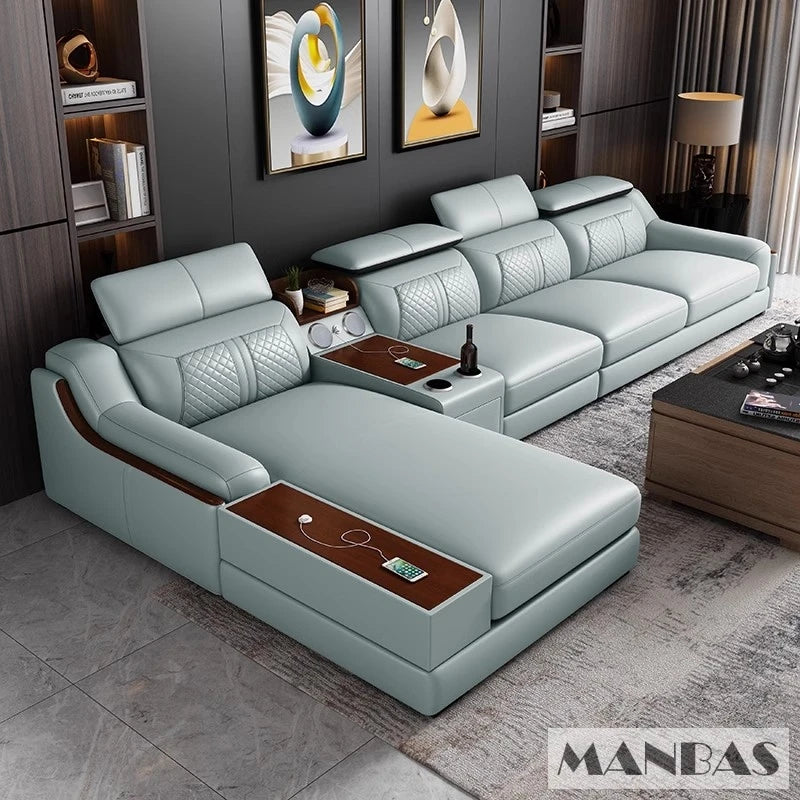 Stylish Italian Genuine Leather Sofa for Living Room with Cup Holder, USB, Adjustable Headrests & Bluetooth Speaker - Linlamlim