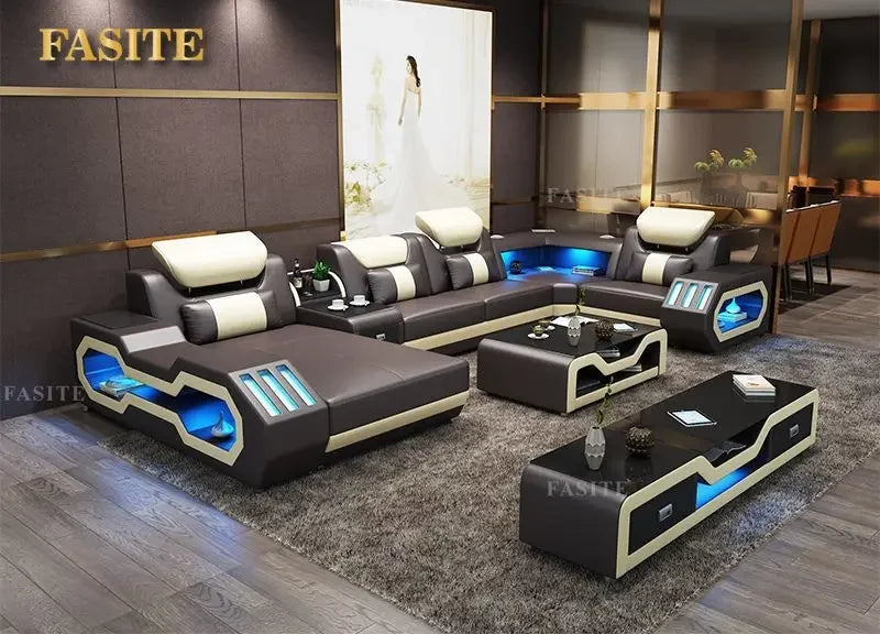 Modern Living Room Sofa Set Genuine Leather Sofas with USB Music Speaker