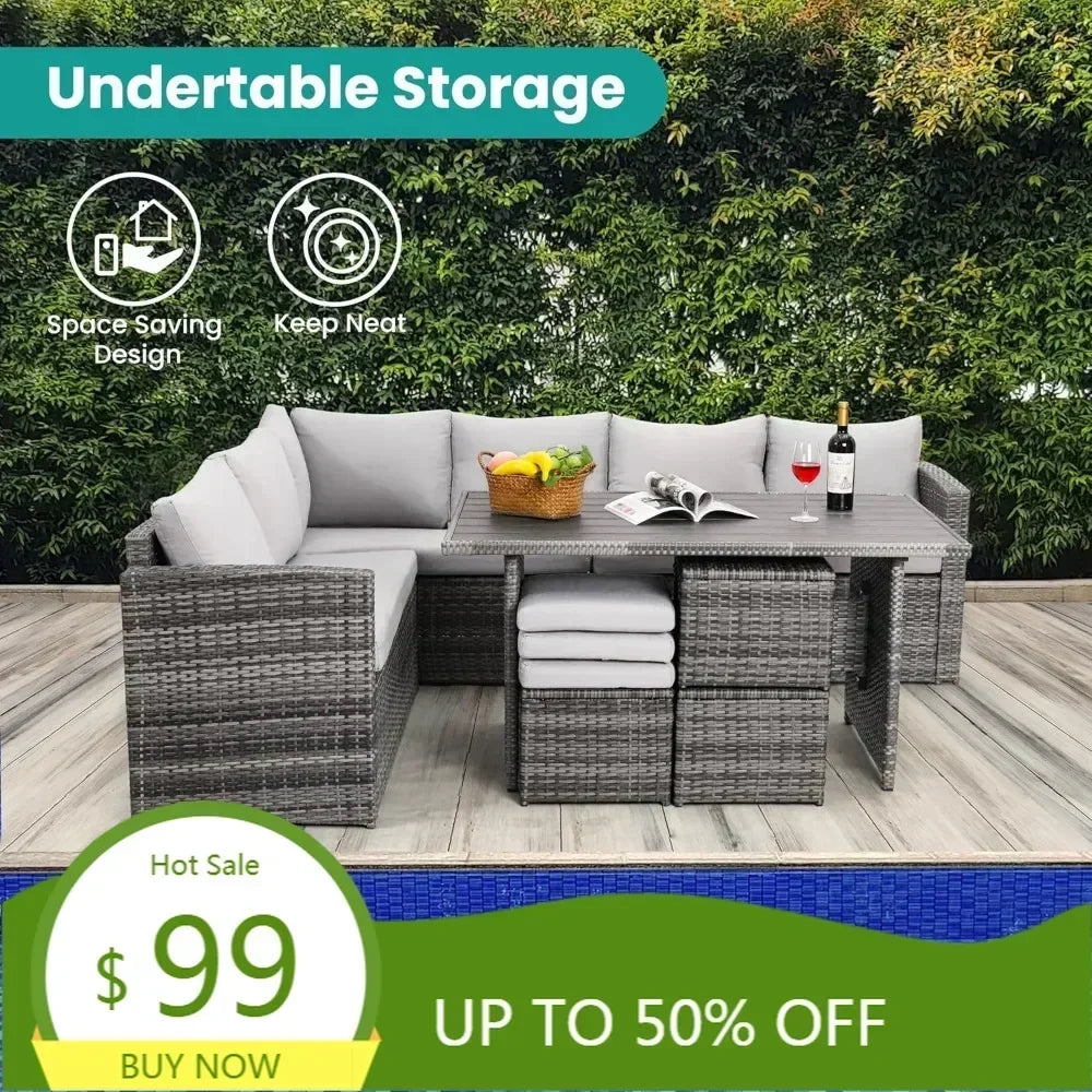 seven-piece outdoor patio furniture set with dining table and chairs, all-weather wicker conversation set including ottoman