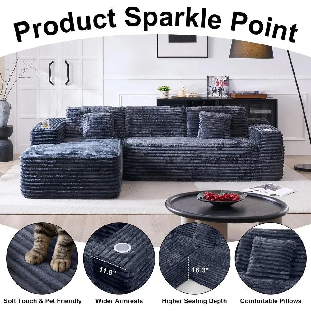 Cloud Sectional Couch with L-Shape Chaise, Modern Modular Sofa with Deep Seat, Built-in Cup Holder & Storage Pocket for Living R