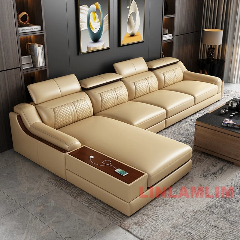 Modern U-Shaped Sectional Sofa Set with Chaise Lounge, Genuine Leather Couch with Storage Table, USB – Big Living Room Furniture