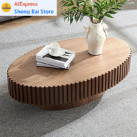 Contemporary Circle Fluted Drum Design Walnut Oval Coffee Table Modern Wood Coffee Table for Living Room(43.7'' x24.8''x13.38'')