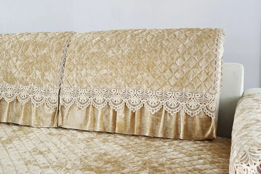 Embroidery Lace Sofa Cushion Gold Velvet Hemline Sofa Cover Autumn Winter European Couch Cover Solid Color Checkered Sofa Mat