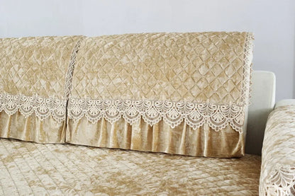 Embroidery Lace Sofa Cushion Gold Velvet Hemline Sofa Cover Autumn Winter European Couch Cover Solid Color Checkered Sofa Mat