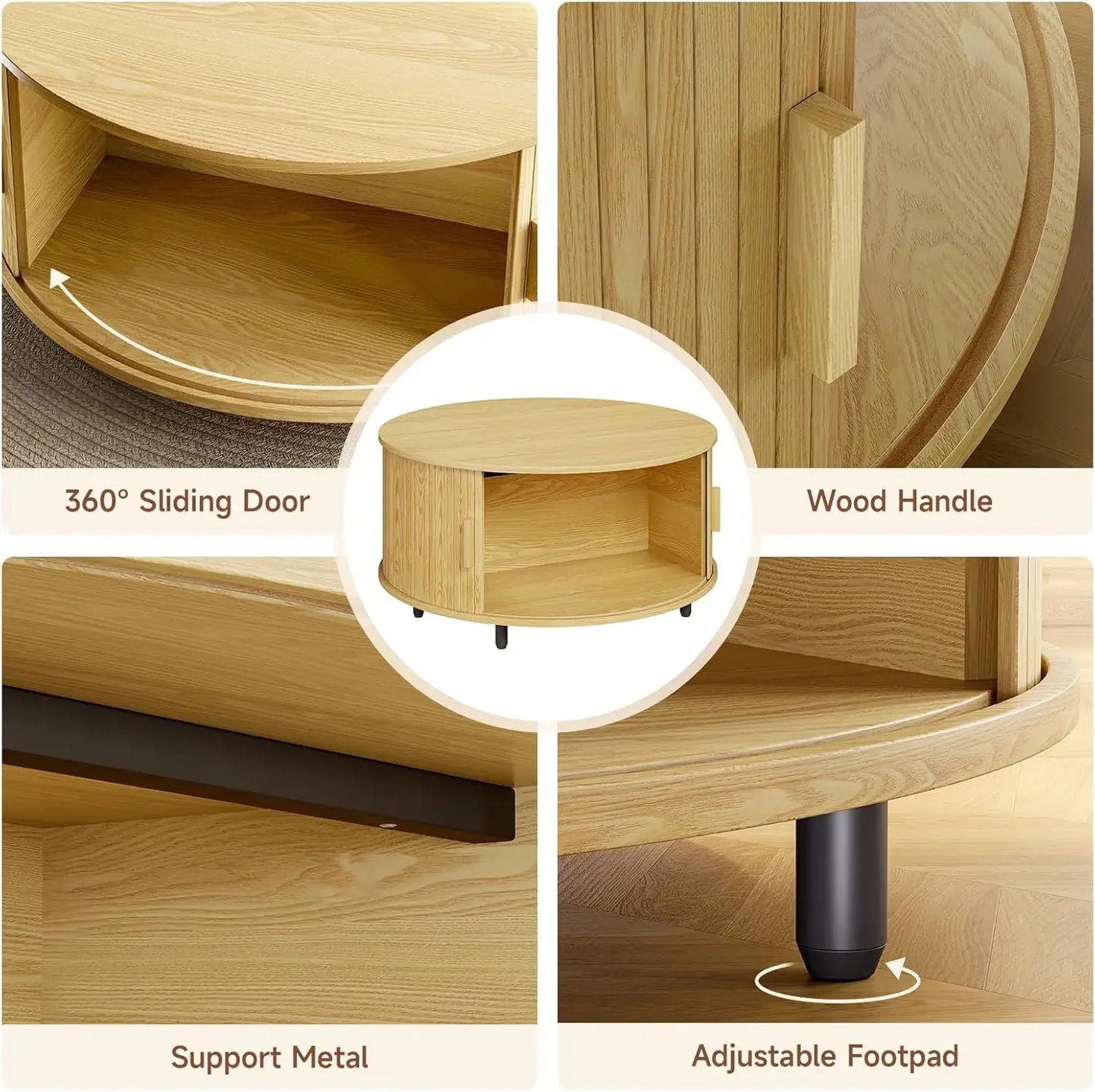 Round Coffee Table with Storage, 31.5" Modern Coffee Table with 360° Curved Sliding Door, Fluted Wood Accent Coffee Table with