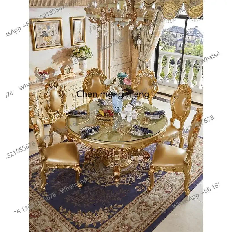 A07 European dining table and chair combination glass surface classical luxury solid wood carving flower round table with turnta