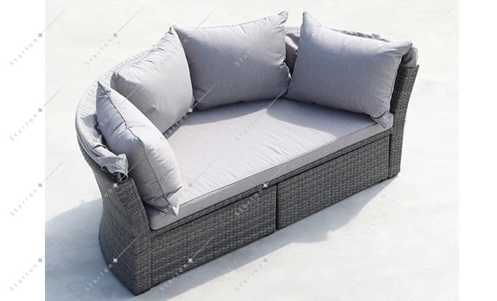 Aluminium Metal Outdoor Sun Lounger Day Bed with Canopy Wickrer Garden Sofa for Courtyard Beach Daybed for Hotel or Park