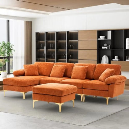 U Shaped Sectional Sofa Couch Set for Living Room Convertible Velvet with Chaise Lounge Ottoman and Pillows
