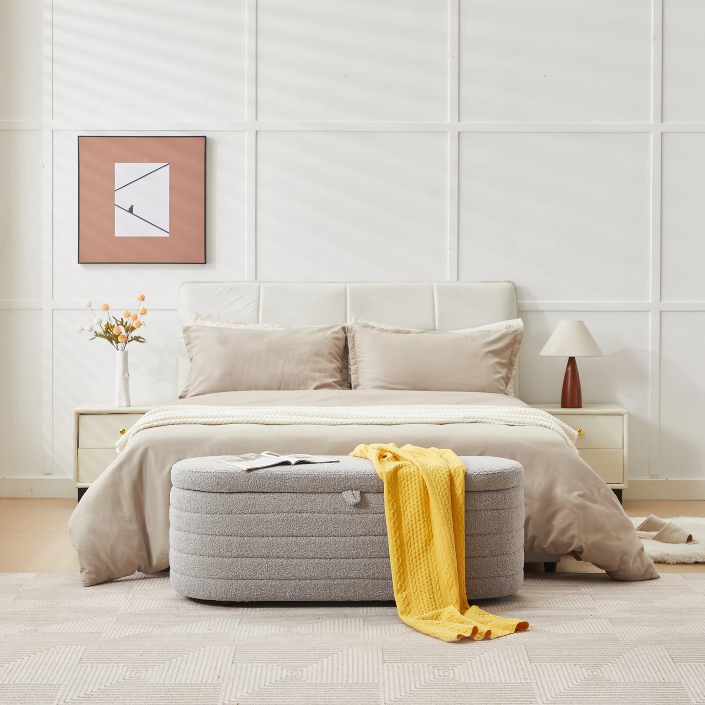 TODRANI 45" Storage Ottoman Bench, 300 Lb Capacity Teddy Upholstered, Safety Hinge, Flip-Top Oval Foot Rest With Foot Pads