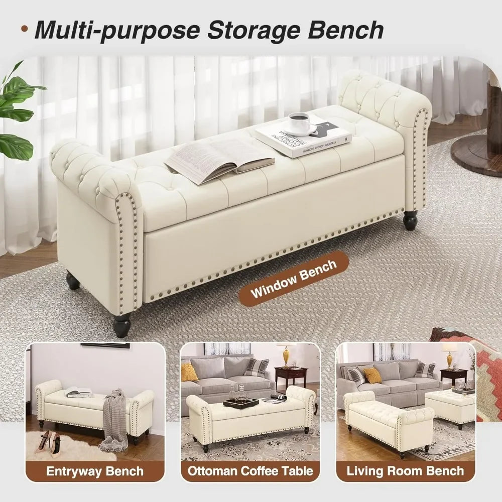 Bedroom Bench, End of Bed Bench with Storage, 55-Inch Bed Benches for Foot of Bed, Faux Leather Window Bench