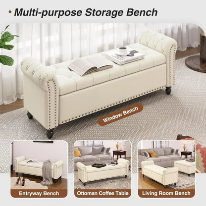 Bedroom Bench, End of Bed Bench with Storage, 55-Inch Bed Benches for Foot of Bed, Faux Leather Window Bench