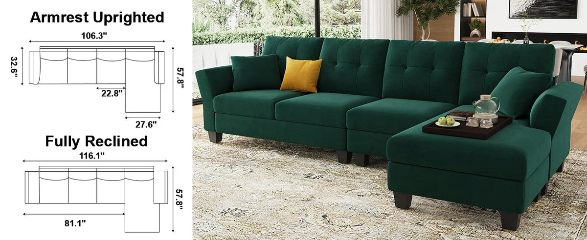 L Shaped Sofa 4 Seat Sofa with Chaise L-Shaped Couches Reversible Sectional Sofa (Dark Green, L Shaped Couch)