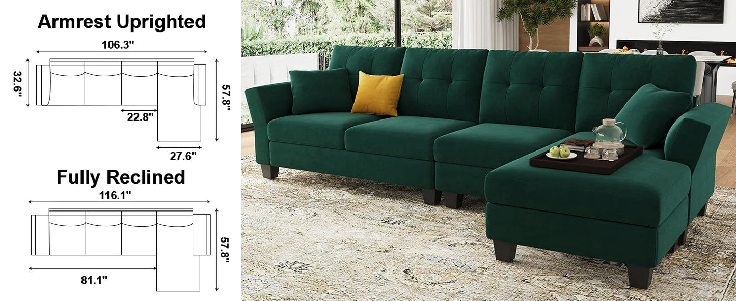 L Shaped Sofa 4 Seat Sofa with Chaise L-Shaped Couches Reversible Sectional Sofa (Dark Green, L Shaped Couch)