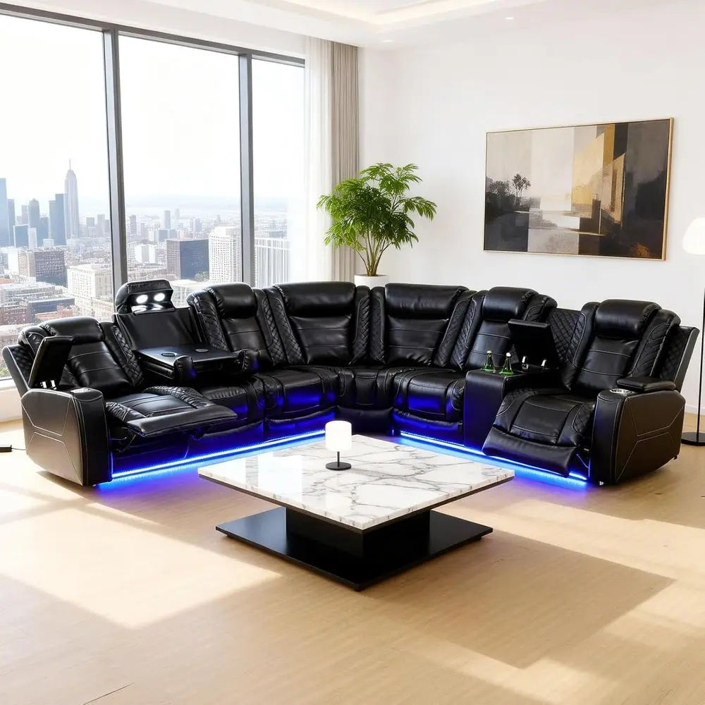 Power Reclining Sectional Soa or Living Room,ern L-Shaped Black Air Leather Sectional Couch Set,Recliner Soa Set,with LED Lights